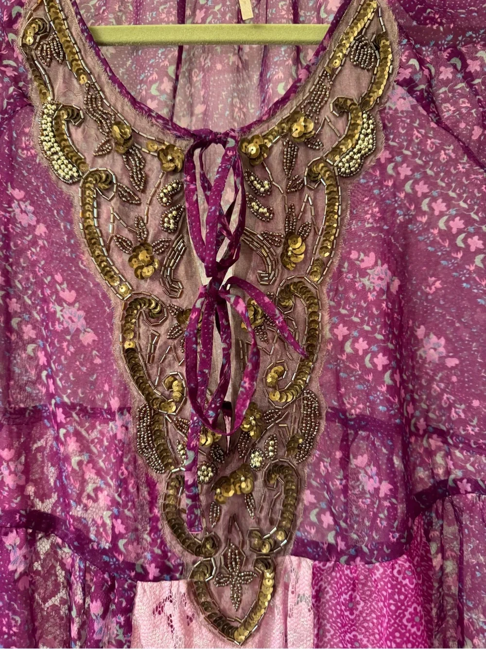 Free people Purple Pink Boho Peasant Tunic with Embellished Neckline